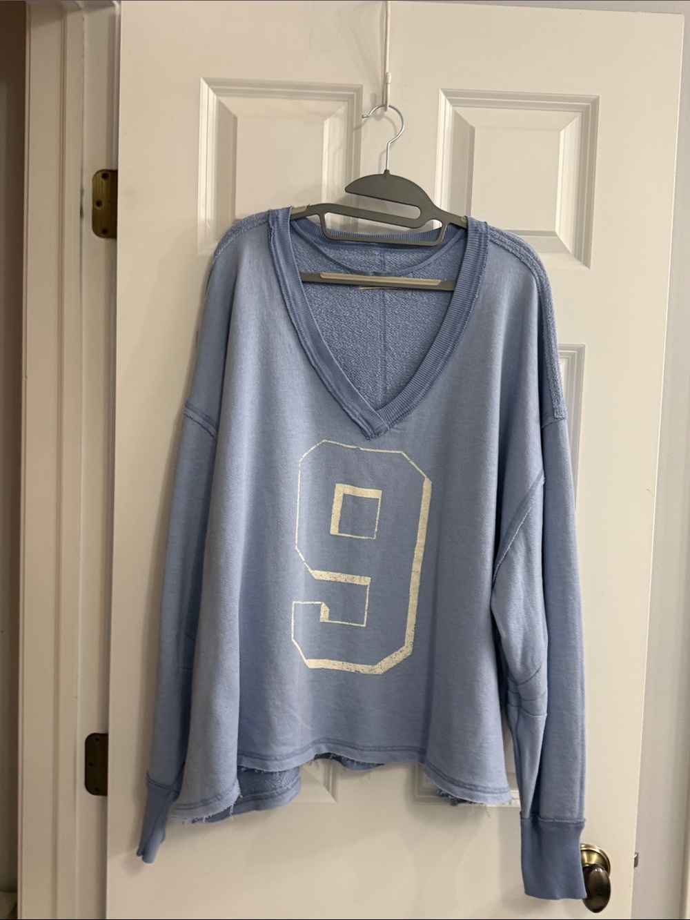 Free People Pale Blue V-Neck Sweatshirt with Metallic Number 9 NWOT